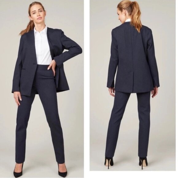 Spanx Collarless Oversize Ponte Knit Blazer L Navy Blue Pinstripe - Picture 2 of 16